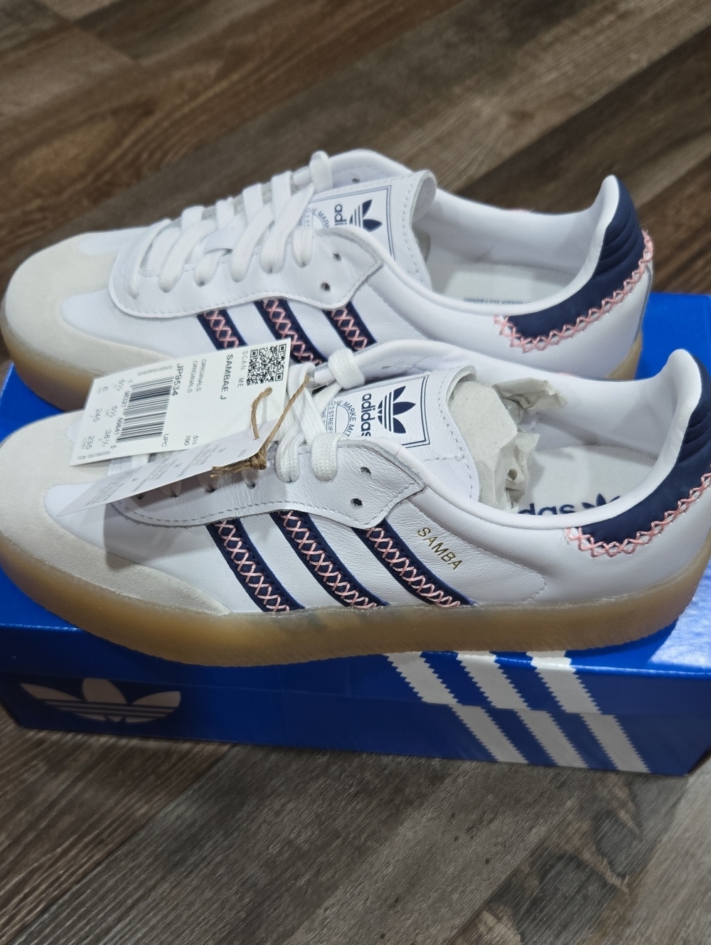 adidas Samba Sneakers in White with Navy & Pink Trim